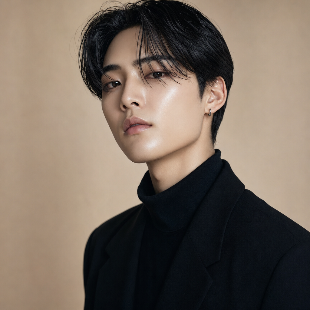 K-Idol — glass skin, fitted blazer, every hair on purpose