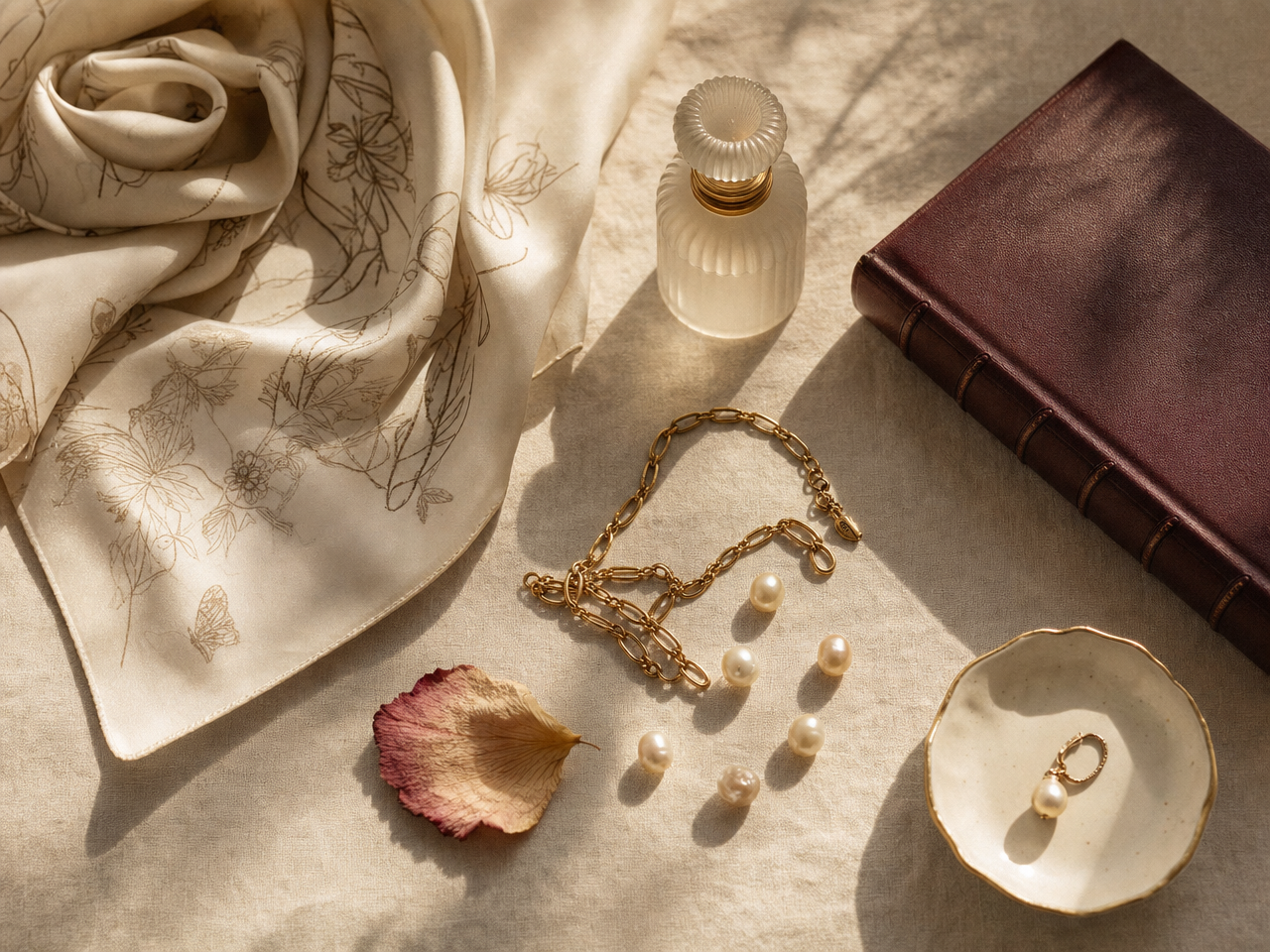 Editorial flat-lay with silk scarf, perfume, pearls and a leather notebook