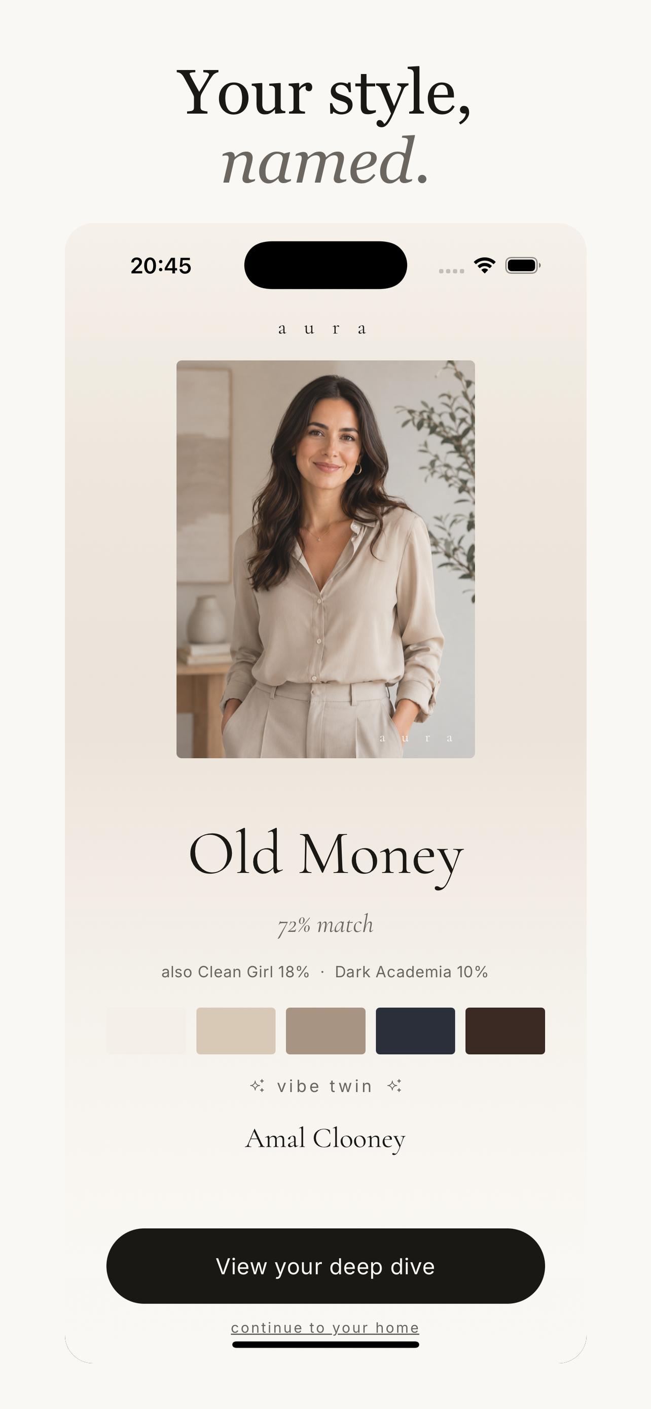 Reveal screen showing Old Money 72% match with vibe twin Amal Clooney