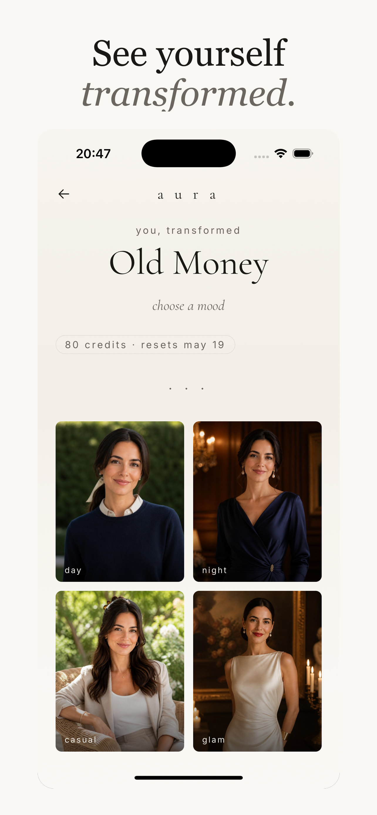 Transform screen with day, night, casual and glam AI portrait variants