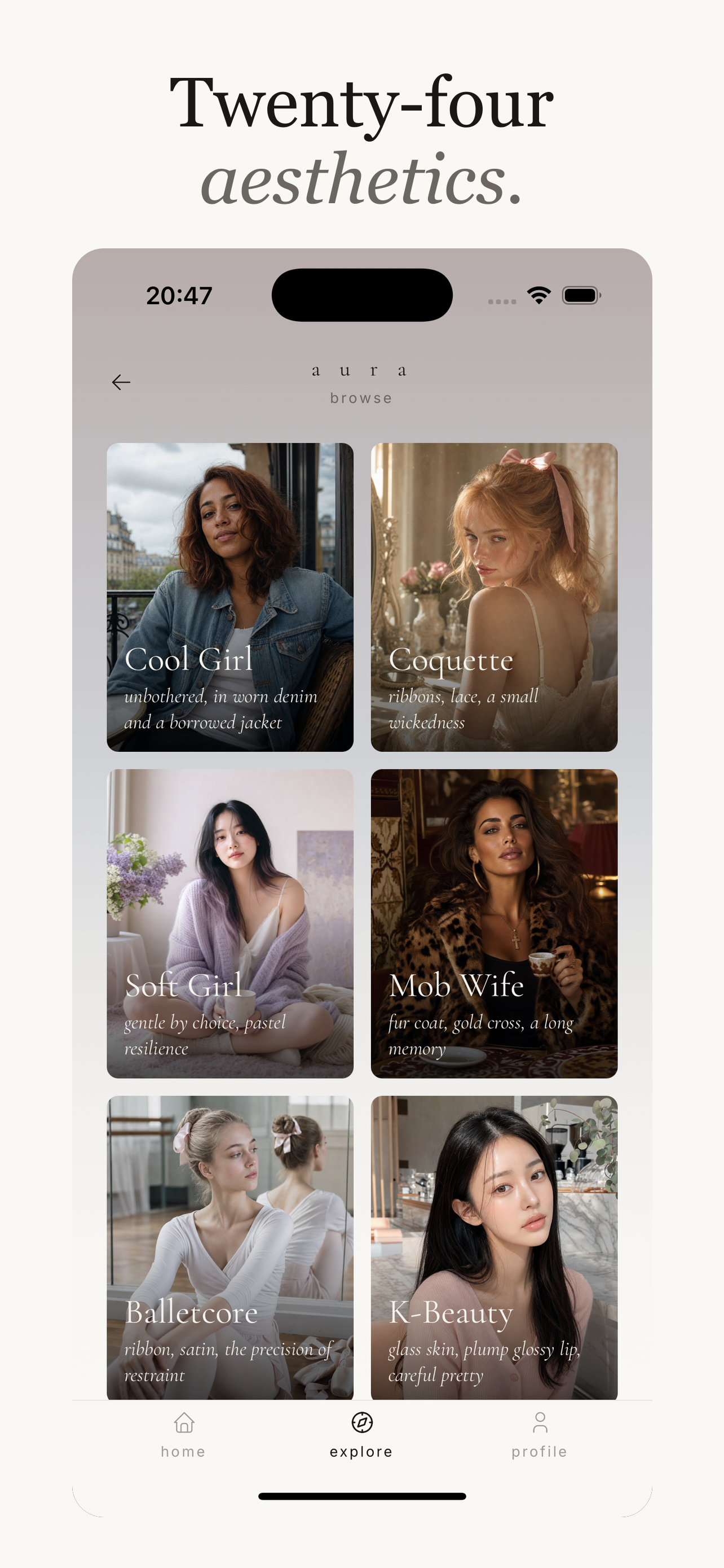 Browse twenty four aesthetics on the feminine side