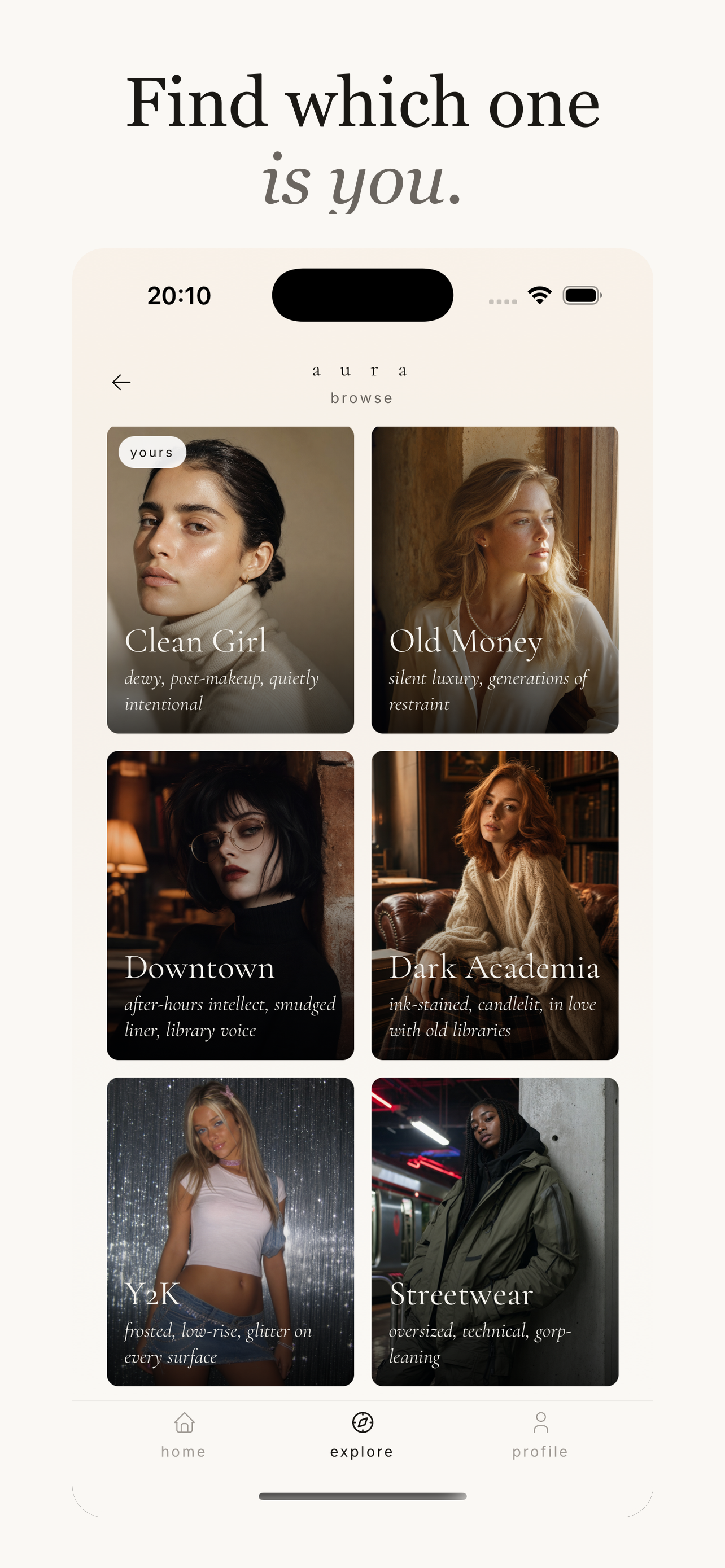 Browse archetypes including Clean Girl, Downtown, Dark Academia, Y2K and Streetwear